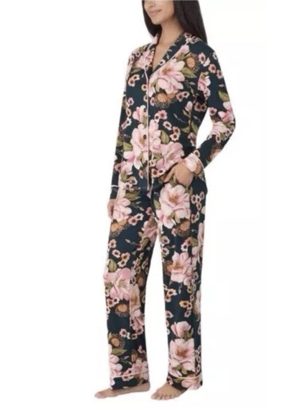 Room Service Women's Shawl Collar Pajama Set PJs Black Pink Floral Small S New